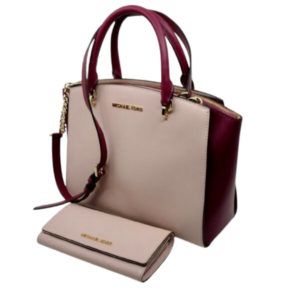 MICHAEL KORS~Ellis~TWO TONE LEATHER 3 COMPARTMENT SATCHEL BAG w/WALLET NEAR NEW - Picture 1 of 7